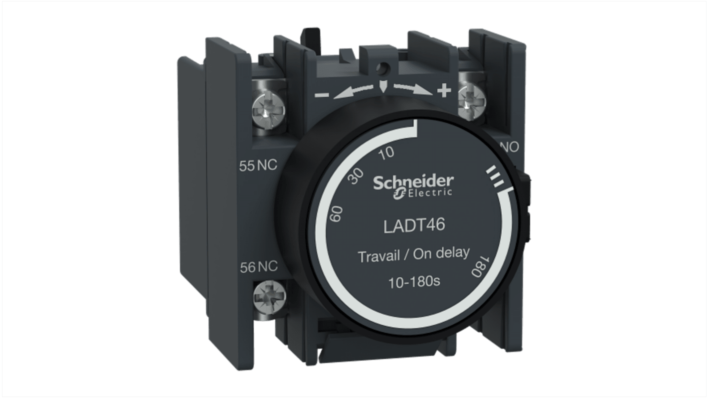 Blocco contatti ausiliari Schneider Electric LADT46, 2 contatti (1 NA + 1 NC), montaggio a clip, corrente nominale 10 A.