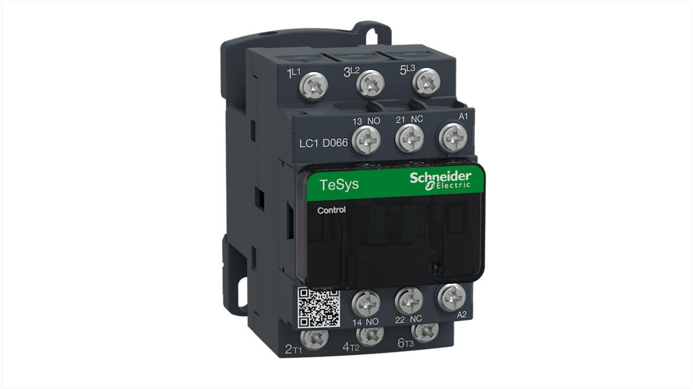 Contattore Schneider Electric LC1D066M7, 3 poli, 6 A, 6 V, montaggio su guida DIN, compatto e resistente al fuoco.