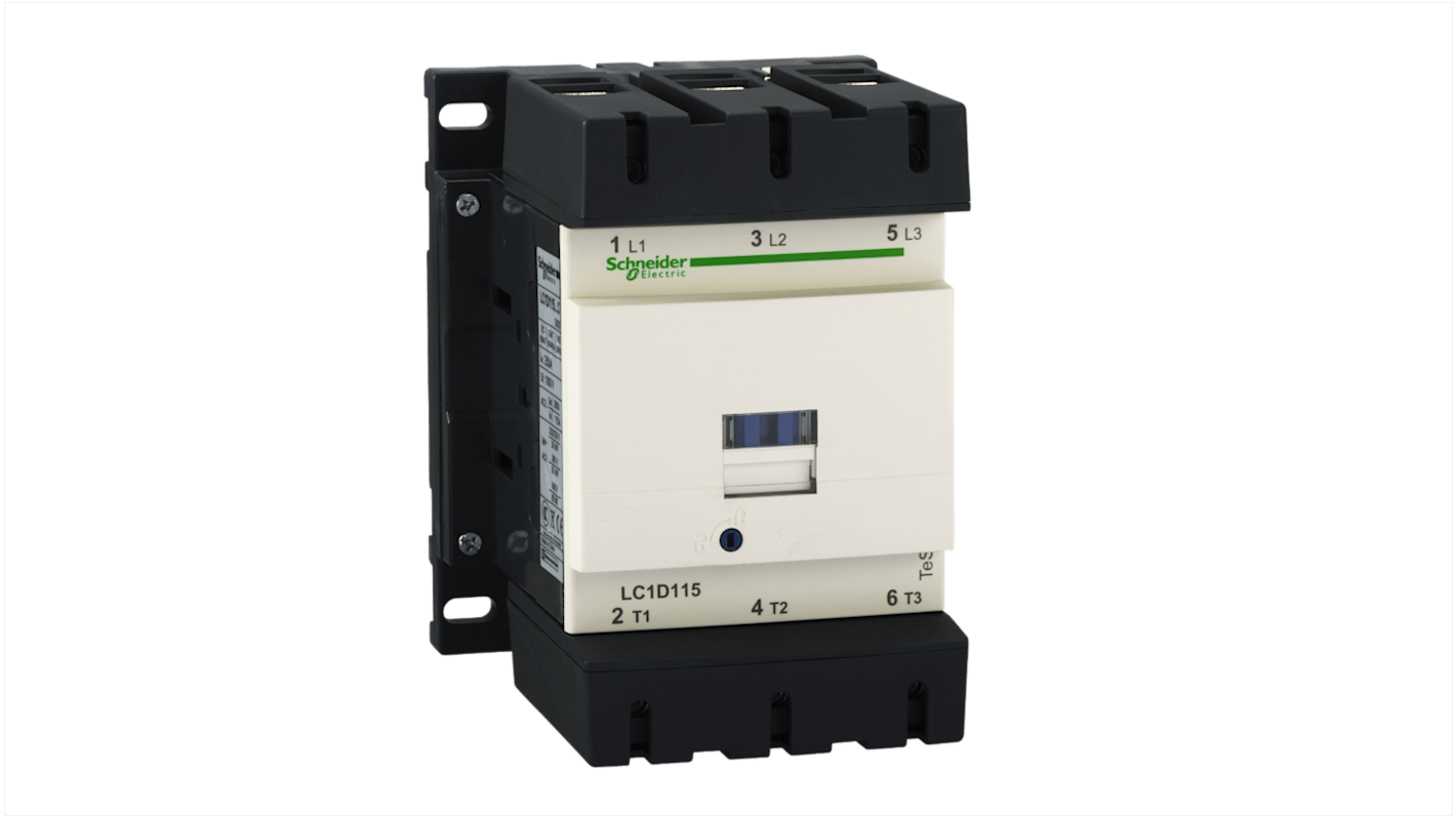 Contattore Schneider Electric LC1D1156G7, 3 poli, 115 A, montaggio su guida DIN, bobina a basso consumo, resistenza al fuoco.