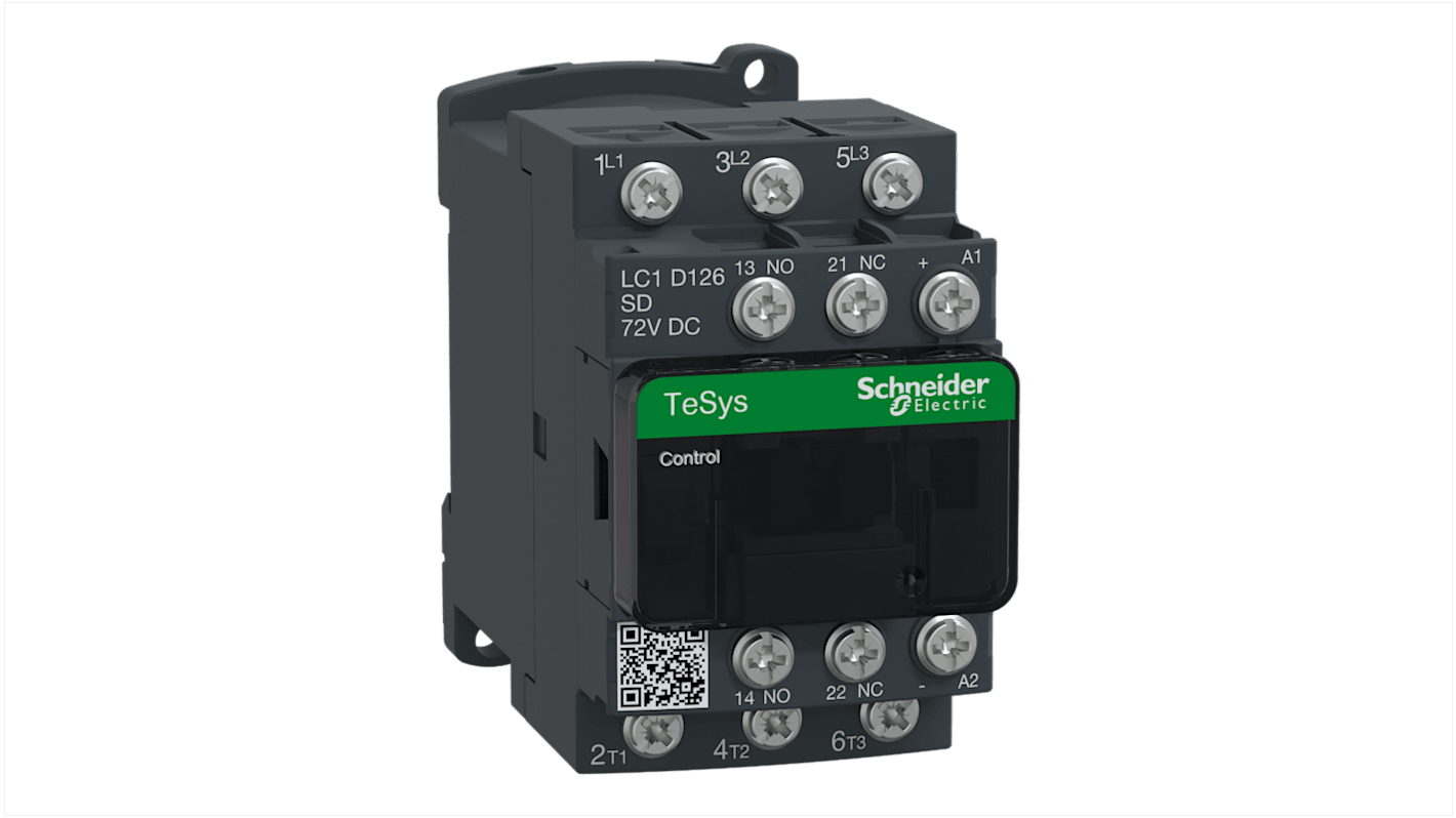 Contattore Schneider Electric LC1D126SD, 3 poli, 12 A, montaggio su guida DIN, bobina a basso consumo, resistenza al fuoco.