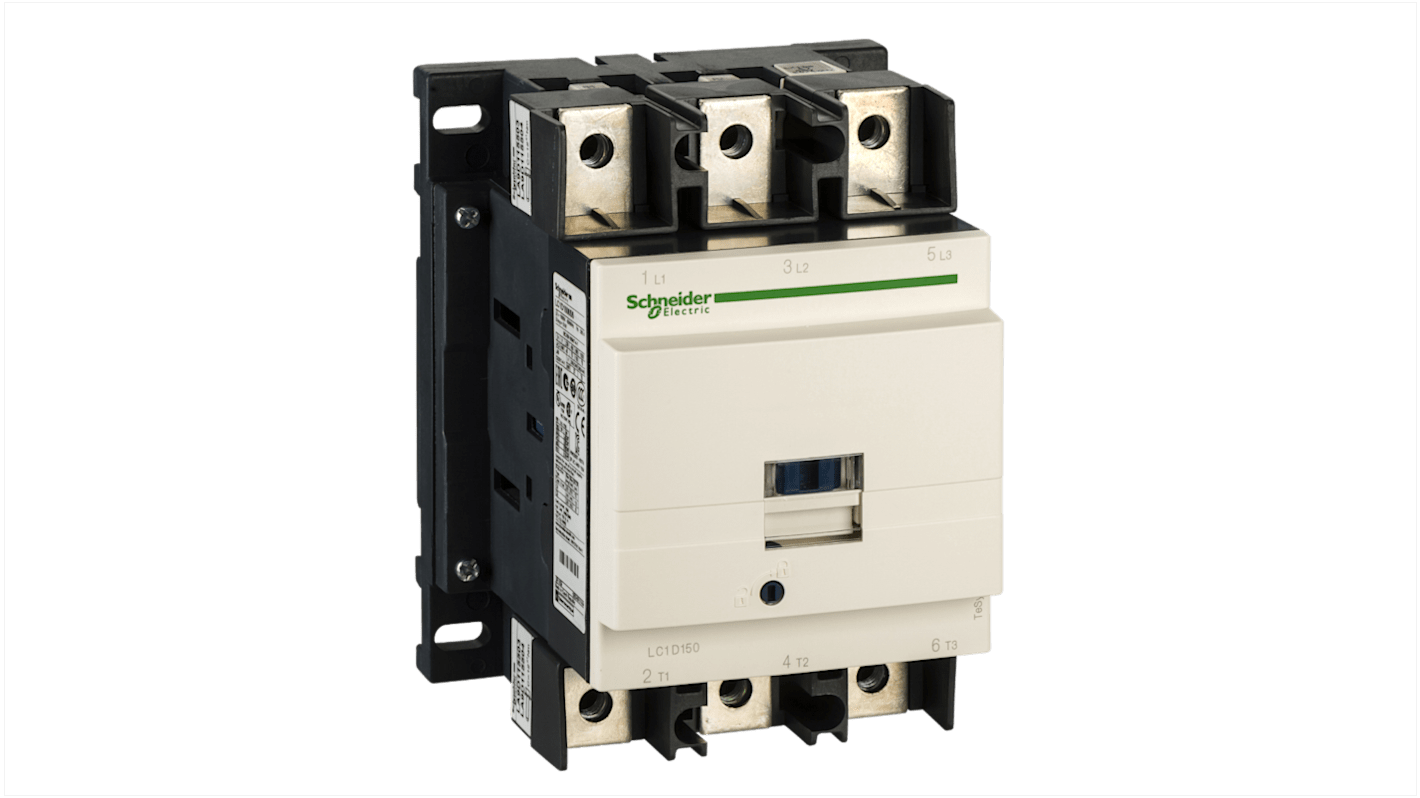 Contattore Schneider Electric LC1D1506G7, 3 poli, 150 A, montaggio su guida DIN, bobina a basso consumo, 1 NA + 1 NC.