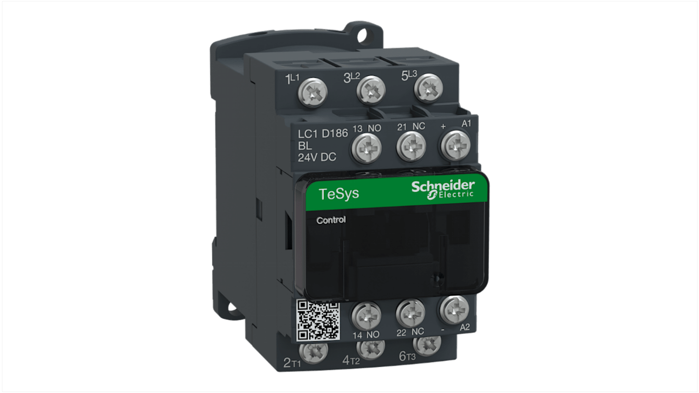 Contattore Schneider Electric LC1D186BDS232, 3 poli, 1 NA + 1 NC, 18 A, 24 V c.c., montaggio su guida DIN.