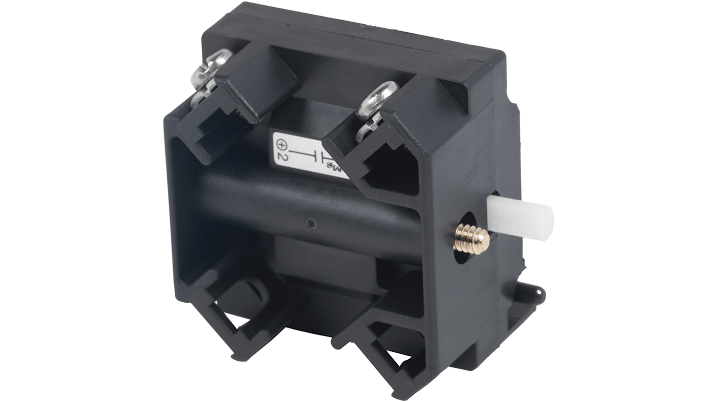 Blocco contatti 1NO Schneider Electric 9001KA52, con contatti ermetici e collegamento a morsetti a vite.