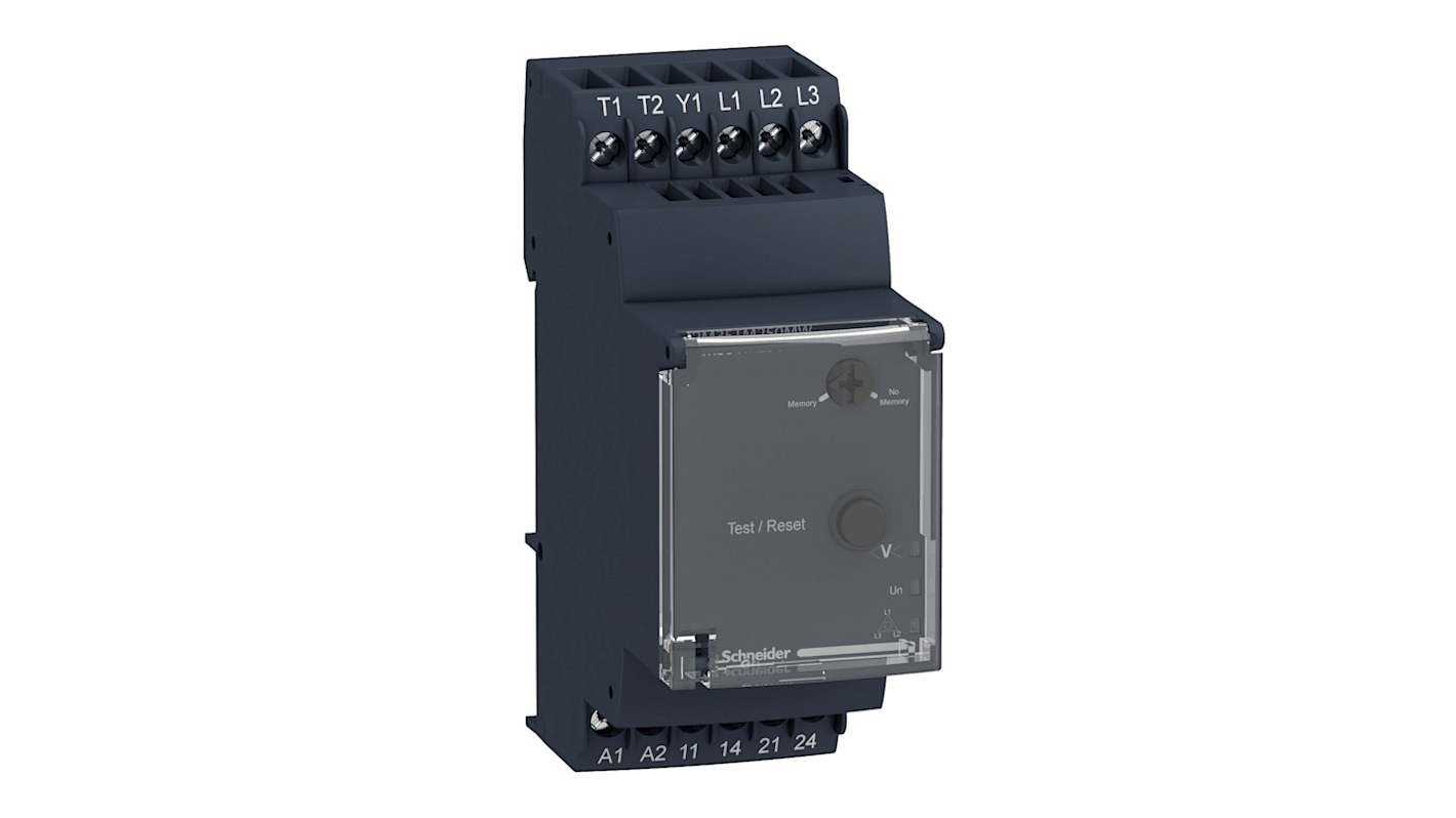 Relè di controllo Schneider Electric RM35TM250MW, 2 contatti NA, alimentazione 24-240 V, corrente 5 A, tempo di reset 8 s.