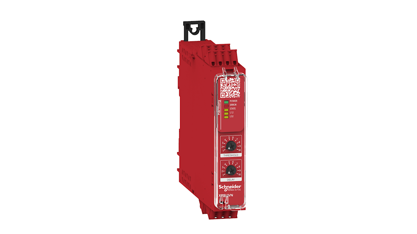 Modulo di sicurezza Schneider Electric XPSUVN11AC per rilevamento velocità zero, alimentazione 4-24 V, grado di protezione IP54.