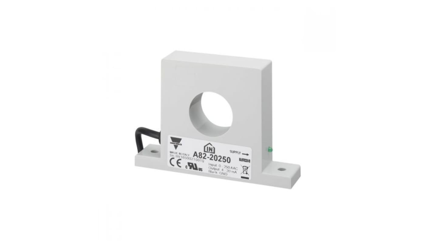 Trasformatore di corrente Carlo Gavazzi A82-20250, ingresso 250A, uscita 4-20 mA, foro 27mm, alimentazione 10-40 V c.c.