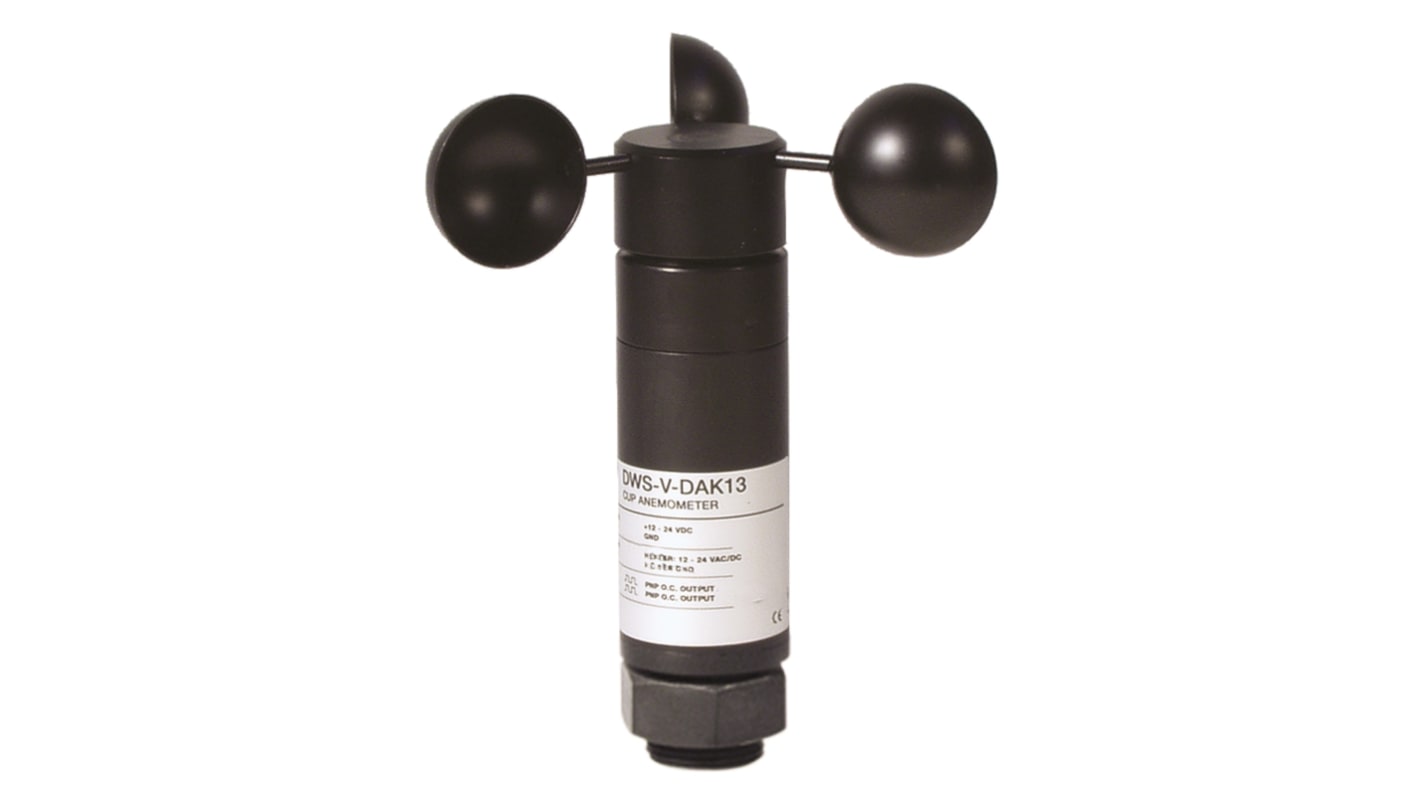 Anemometro Carlo Gavazzi DWS-V-DBC05 per misurazione della velocità dell'aria, con uscita corrente e tensione 10-28 V c.c., lunghezza cavo 5 m.