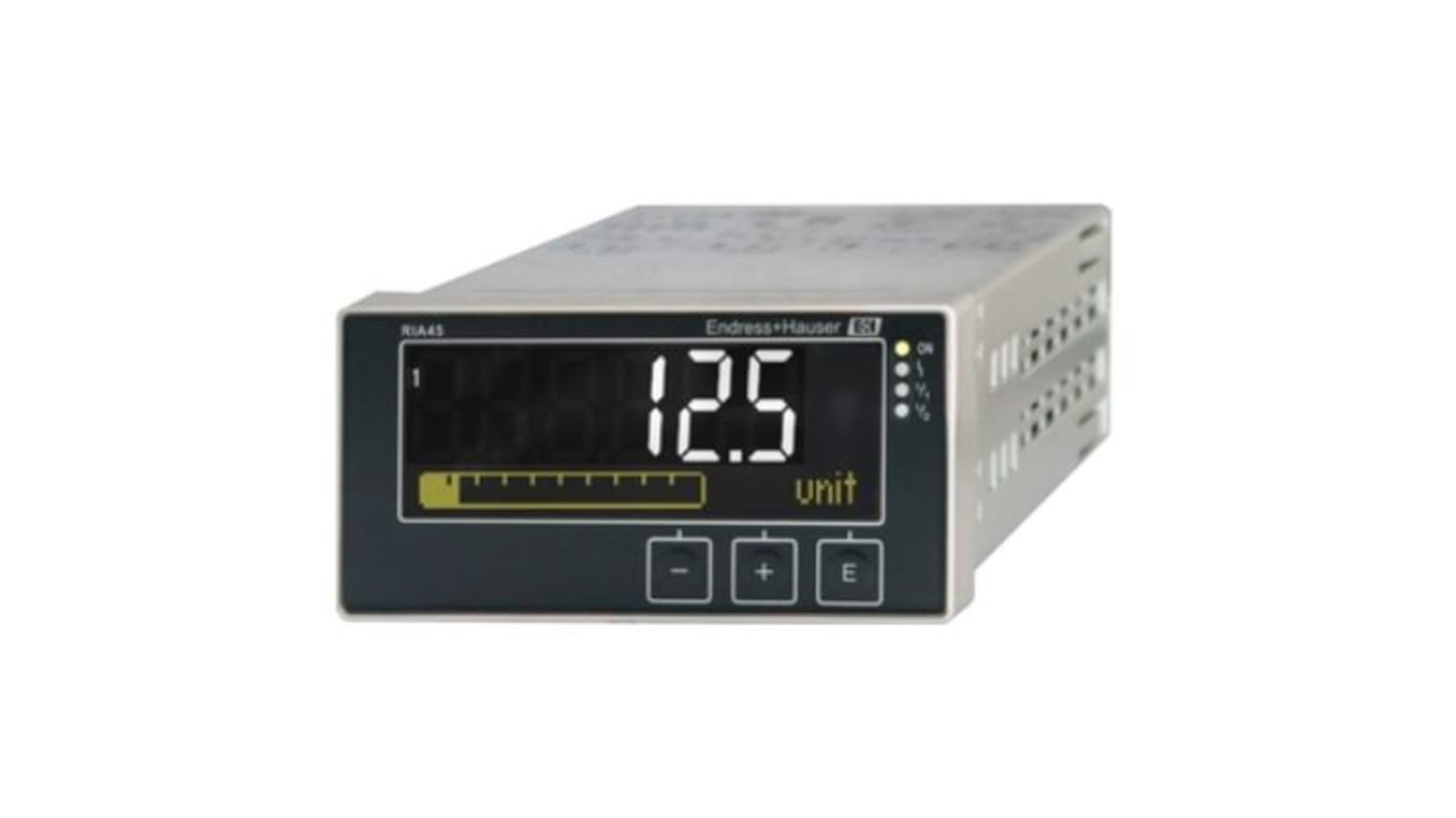 Endress+Hauser RIA45-A1C1, misuratore digitale da pannello con display LCD 5 cifre, ingressi universali e relè. Dimensioni 45x92x16.7 mm.