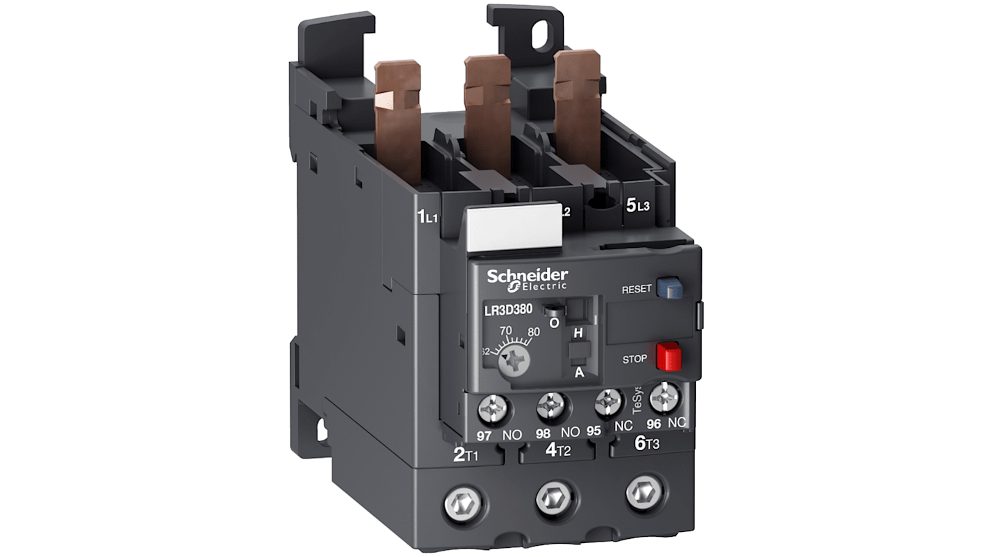Relè di sovraccarico termico Schneider Electric LR3D380, 1 NA + 1 NC, carico FLC 70-80 A, tensione 690 V, installazione semplificata.
