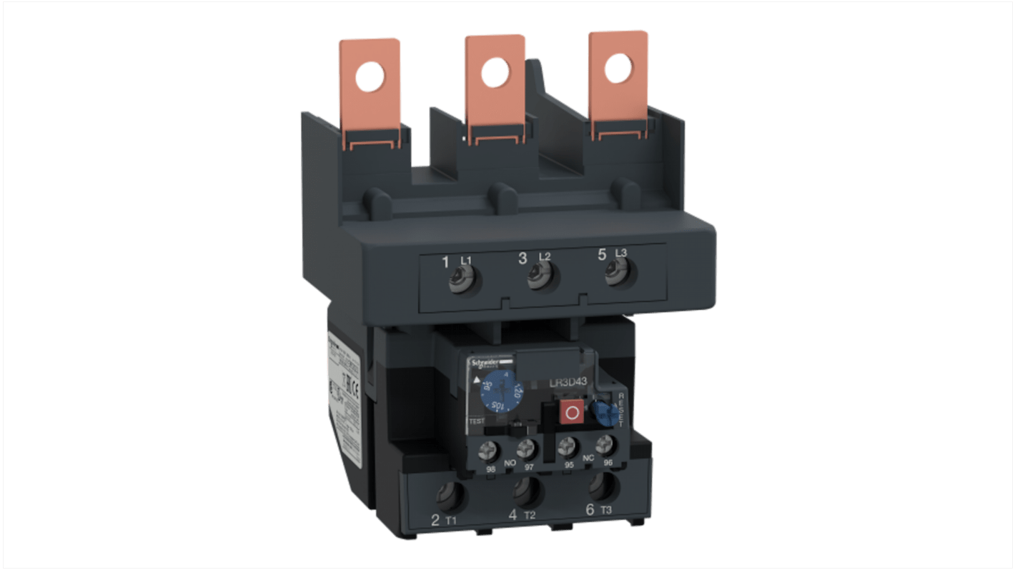 Relè di sovraccarico termico Schneider Electric LR3D4367, 1 NA + 1 NC, carico FLC 95-120 A, con regolazione termica e reset manuale-automatico.