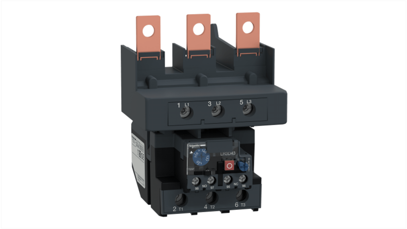 Relè di sovraccarico termico Schneider Electric LR3D4369, 1 NA + 1 NC, carico FLC 110-140 A, con quadrante di regolazione e selettore di reset.