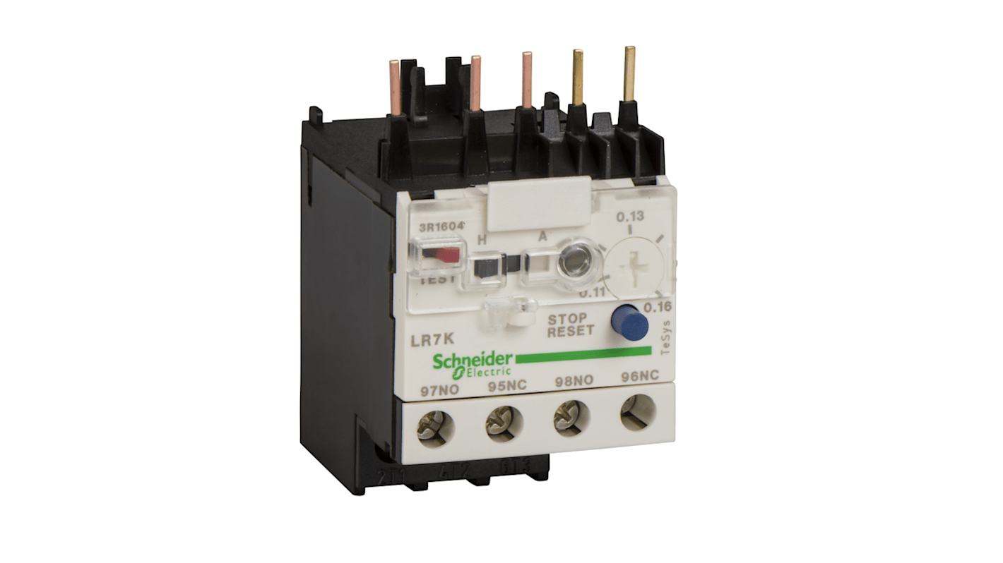 Relè di sovraccarico termico Schneider Electric LR7K0308 per motori trifase, 1 NA + 1 NC, corrente nominale 6 A, con regolazione termica e selettore di reset.
