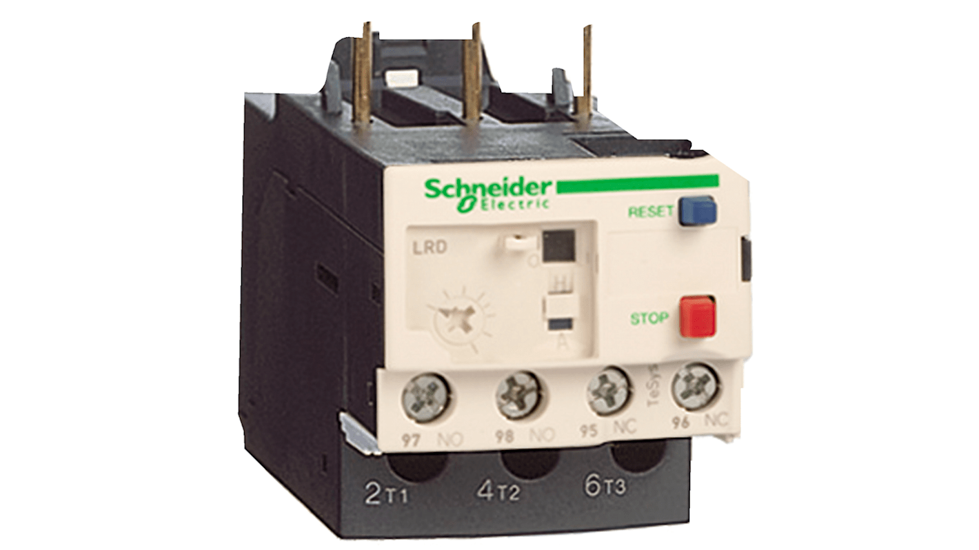 Relè di sovraccarico termico Schneider Electric LRD046, 1 NA + 1 NC, carico FLC 0,40-0,63 A, con selettore di reset e coperchio trasparente.