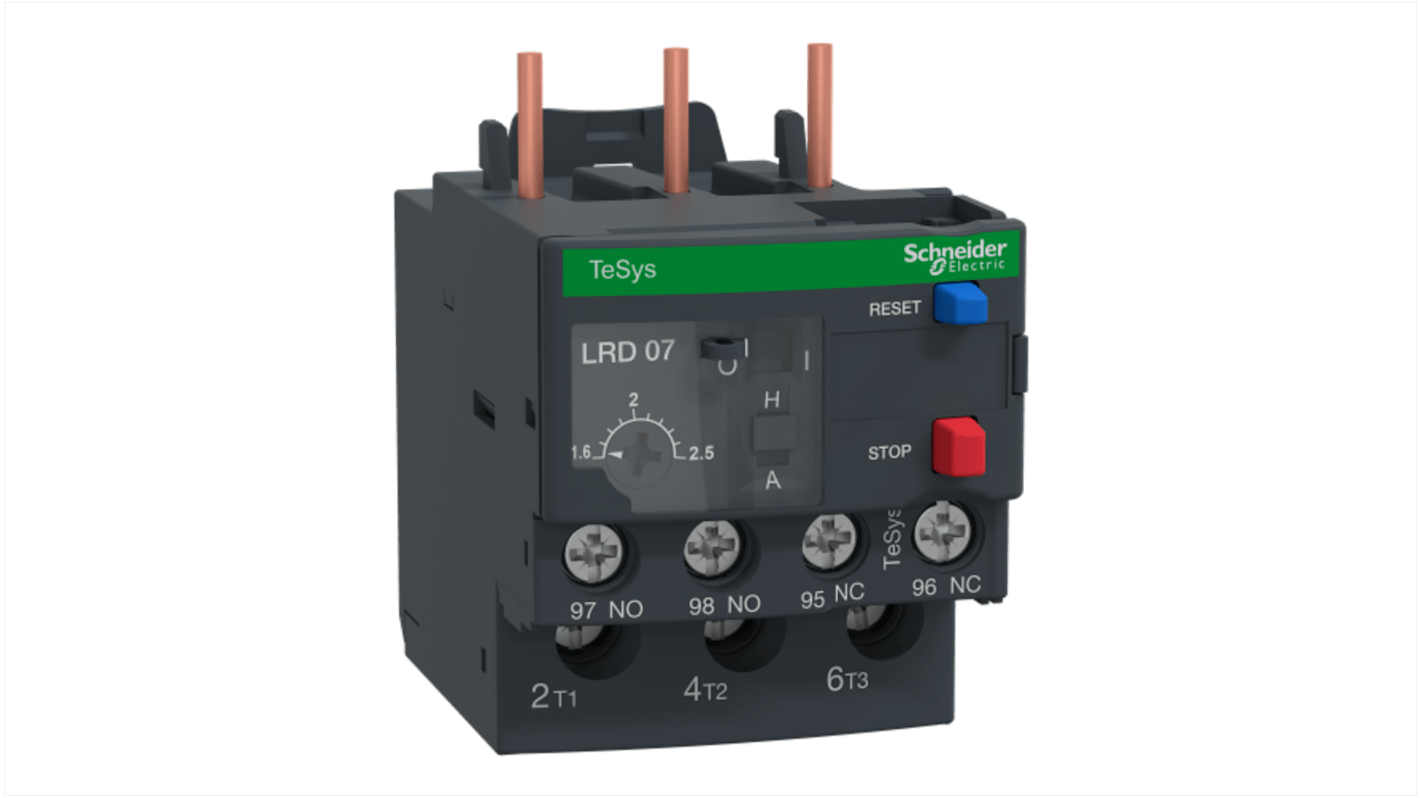 Relè di sovraccarico termico Schneider Electric LRD07L6, 1 NA + 1 NC, carico FLC 1,6-2,5 A, contatto 5 A, compatto e leggero.