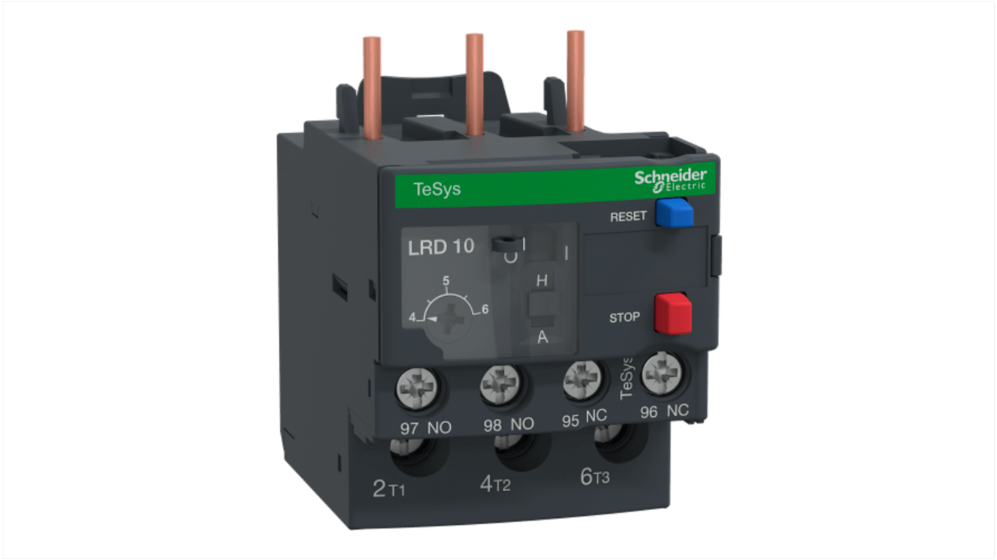 Relè di sovraccarico termico Schneider Electric LRD106, 1 NA + 1 NC, carico 4-6 A, montaggio su contattori a 3 poli.