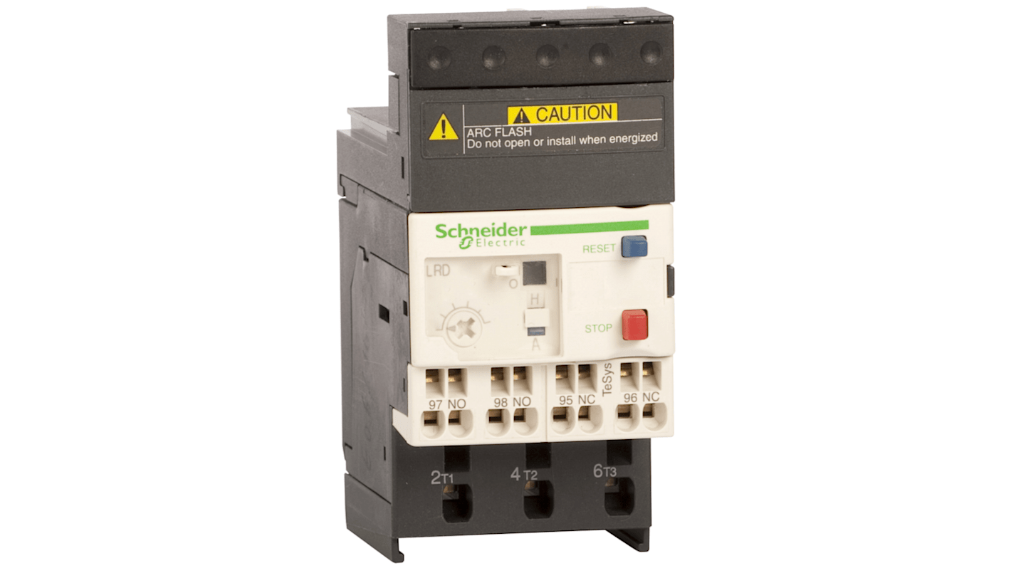 Relè di sovraccarico termico Schneider Electric LRD143, 1 NA + 1 NC, carico FLC 7 a 10 A, con selettore di reset e coperchio trasparente.