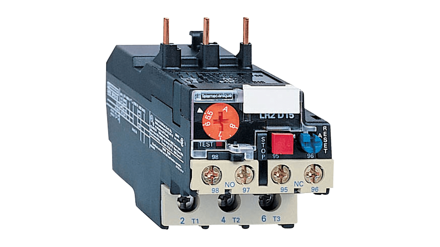 Relè di sovraccarico termico Schneider Electric LRD1510, per protezione motori c.a. fino a 6 A, con regolazione termica e reset manuale-automatico.