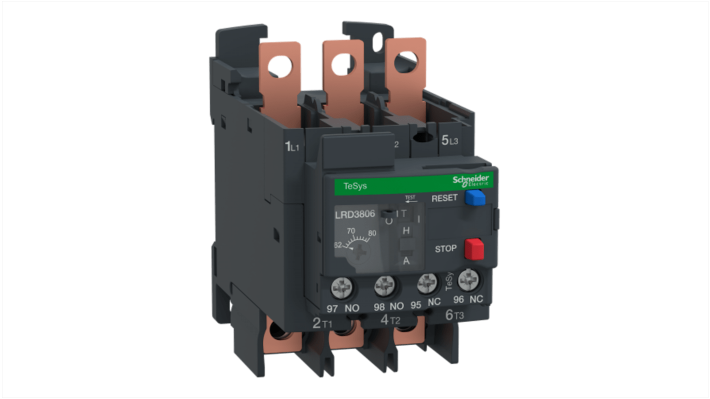 Relè di sovraccarico termico Schneider Electric LRD3806 per motori trifase, montaggio su guida DIN, con selettore di reset.