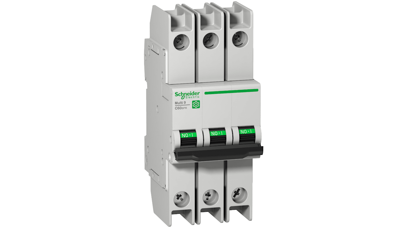 Mini interruttore automatico Schneider Electric M9F53302, 3 poli, 2A, Tipo D, montaggio su guida DIN, colore grigio.