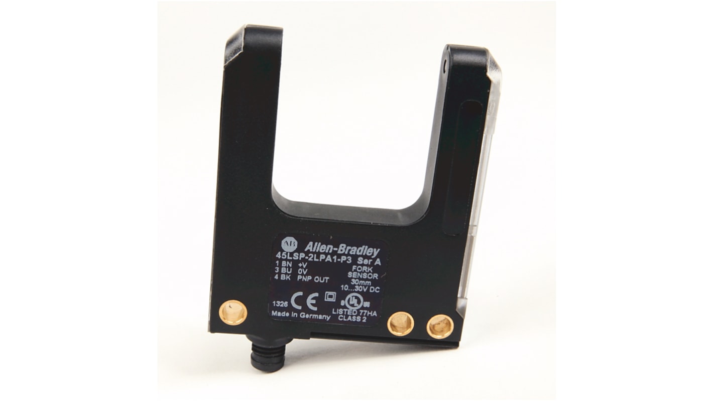 Sensore fotoelettrico a forcella Rockwell Automation 45LSP-2LPA1-P3, rilevamento 30 mm, uscita PNP, collegamento M8 a 4 pin.