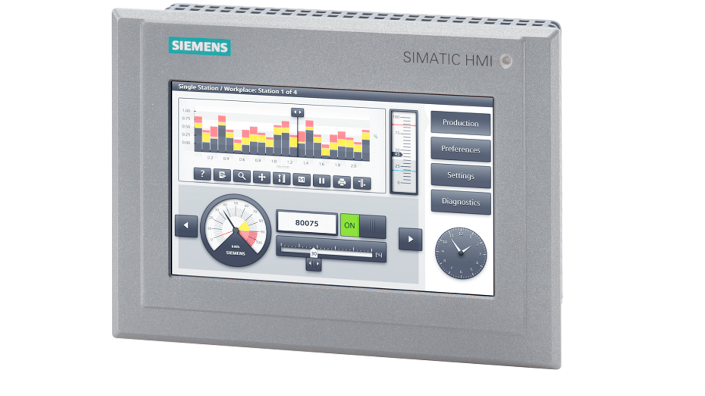 Pannello HMI Siemens 6AV2124-0GC13-0AX0, touchscreen 7", IP66, montaggio verticale/orizzontale, 800 x 480 pixel.