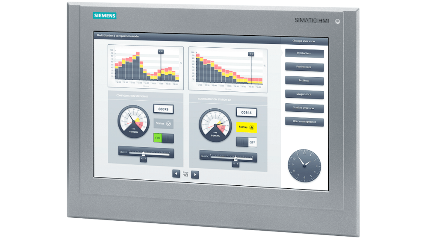 Pannello HMI Siemens 6AV21240QC130AX0, touchscreen 15,4", risoluzione 1280x800, grado di protezione IP66.