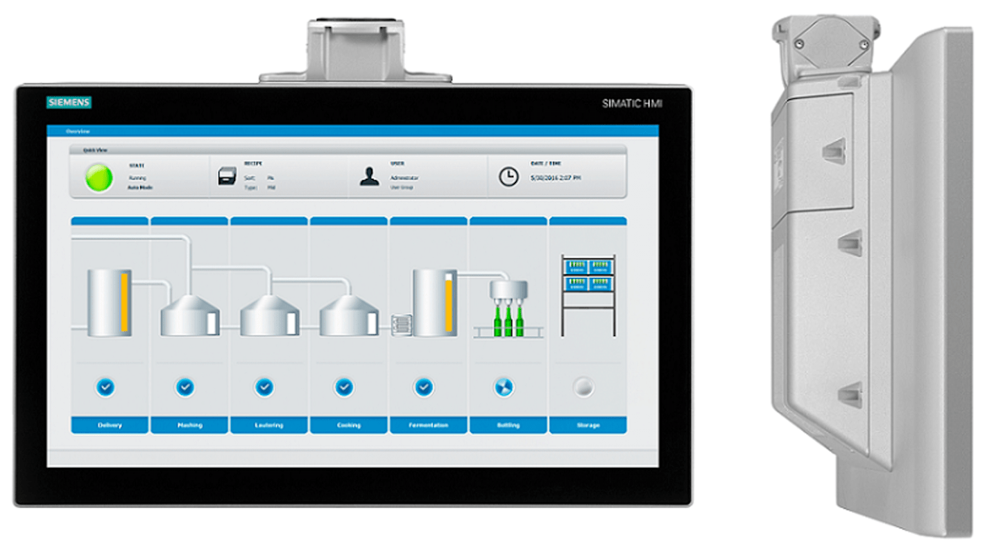 Pannello HMI Siemens 6AV21240QC240AX0, 15,6" TFT, risoluzione 1366x768, interfaccia PROFINET, robusto in alluminio.