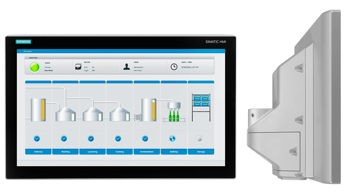 Pannello HMI Siemens 6AV21240UC240BX0, TP1900 Comfort PRO, 18,5", risoluzione 1366x768, interfaccia PROFINET, progettato per ambienti estremi.