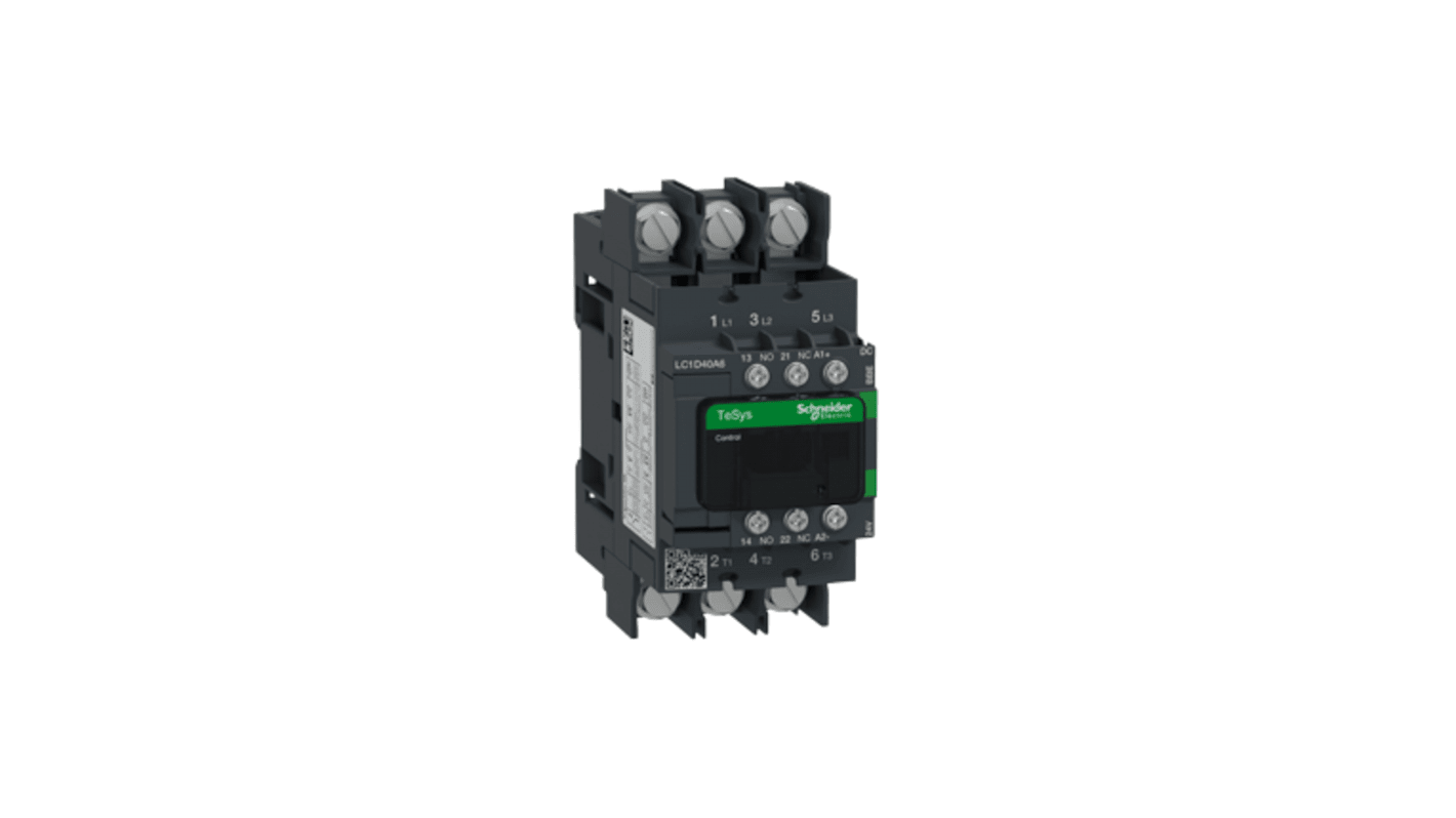 Contattore Schneider Electric LC1D40A6BBE, 3 poli, 40 A, montaggio su guida DIN, bobina a basso consumo, resistenza al fuoco.
