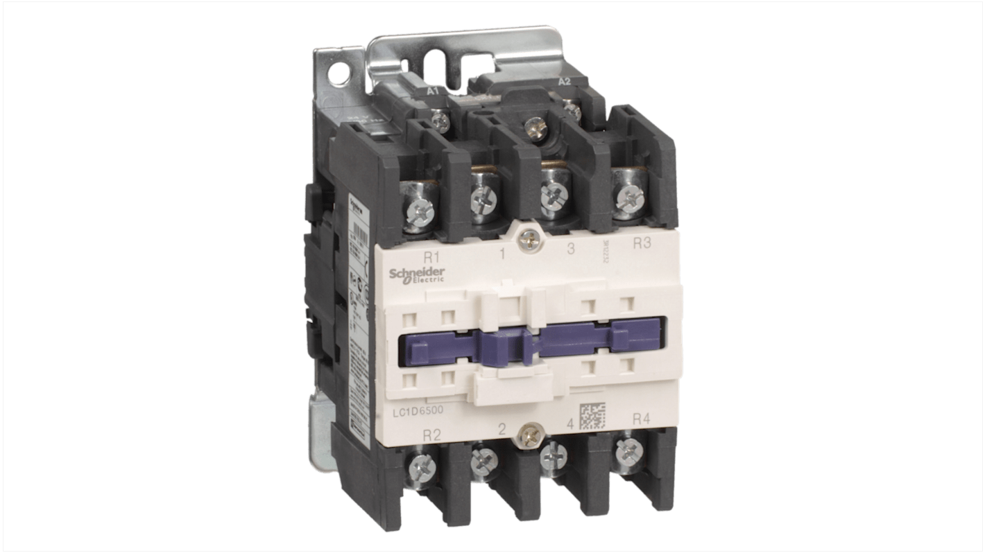 Contattore Schneider Electric LC1D65008G6, 4 poli, 80 A, montaggio su guida DIN, bobina a basso consumo, resistenza al fuoco.