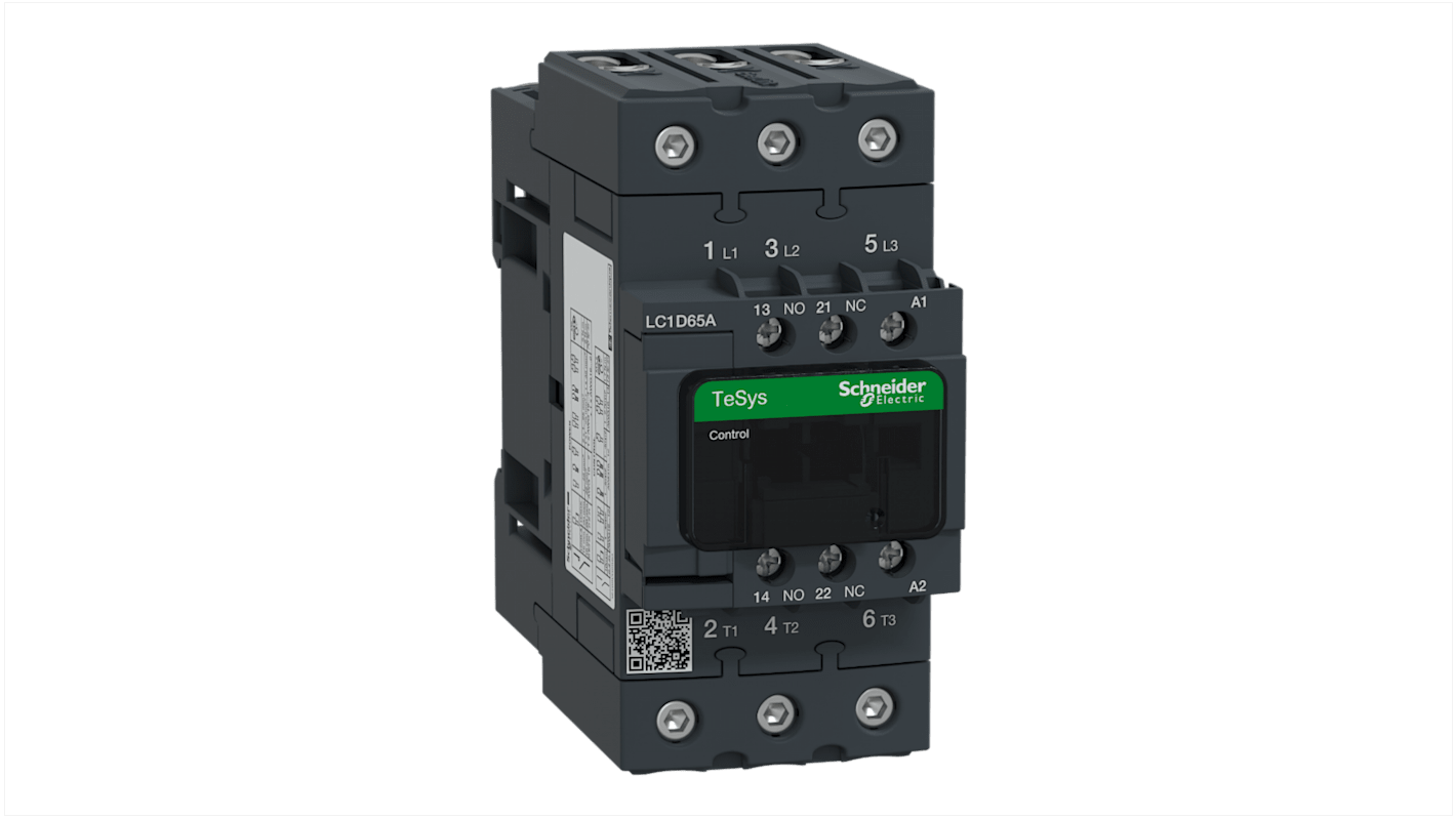 Contattore Schneider Electric LC1D65AQ7, 3 poli, 65 A, 1 NA + 1 NC, montaggio su guida DIN, bobina a basso consumo.