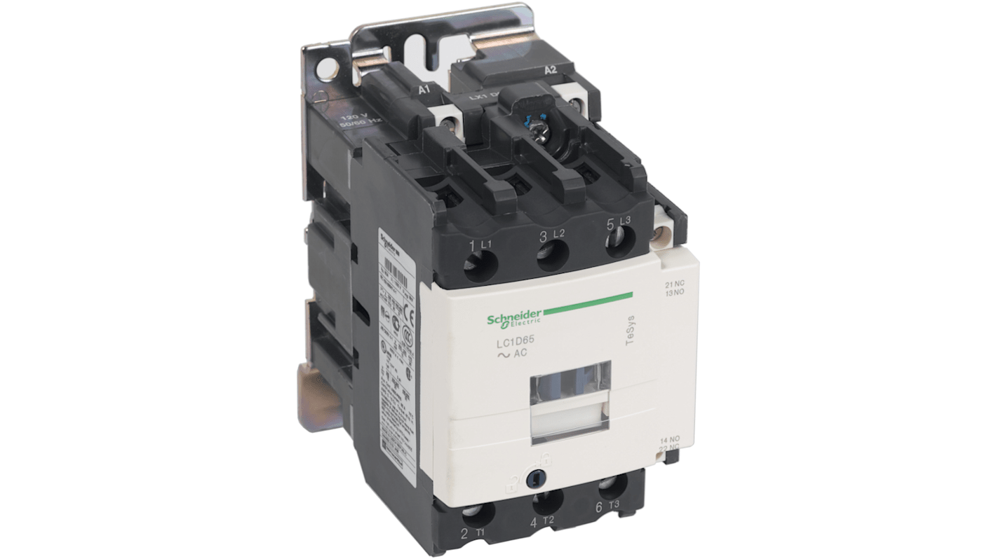 Contattore Schneider Electric LC1D65M7S335, 3 poli, 65 A, montaggio su guida DIN, bobina a basso consumo, resistenza al fuoco.