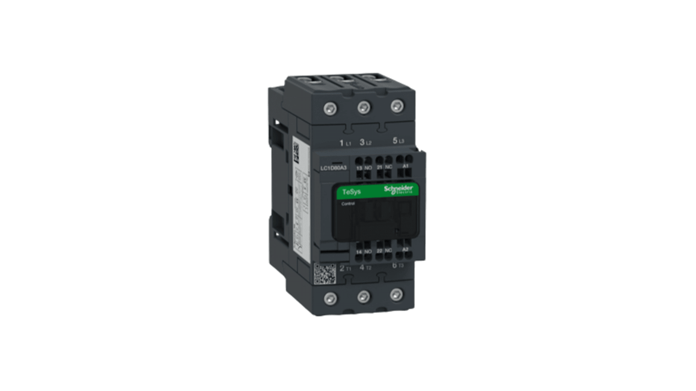 Contattore Schneider Electric LC1D80A3E7, 3 poli, 80 A, bobina a basso consumo, montaggio su guida DIN, resistenza al fuoco.