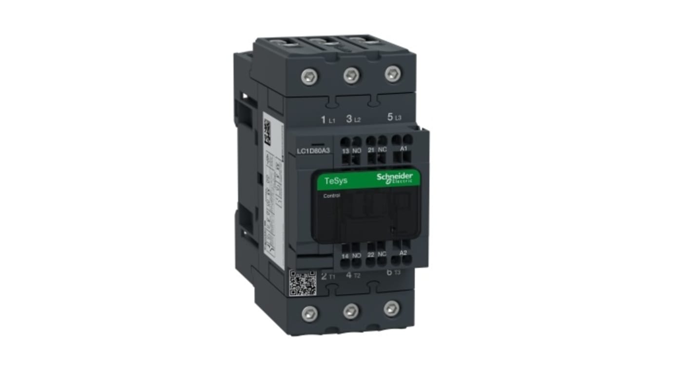 Contattore Schneider Electric LC1D80A3F7, 3 poli, 80 A, 110 V, montaggio su guida DIN, bobina a basso consumo.