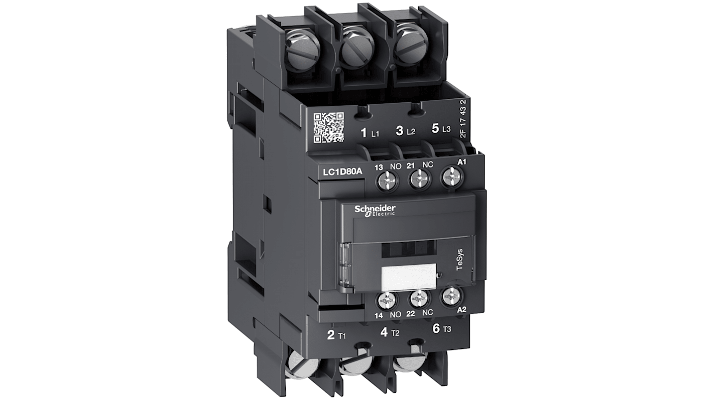 Contattore Schneider Electric LC1D80A6P7, 3 poli, 80 A, 230 V, montaggio su guida DIN, bobina a basso consumo.