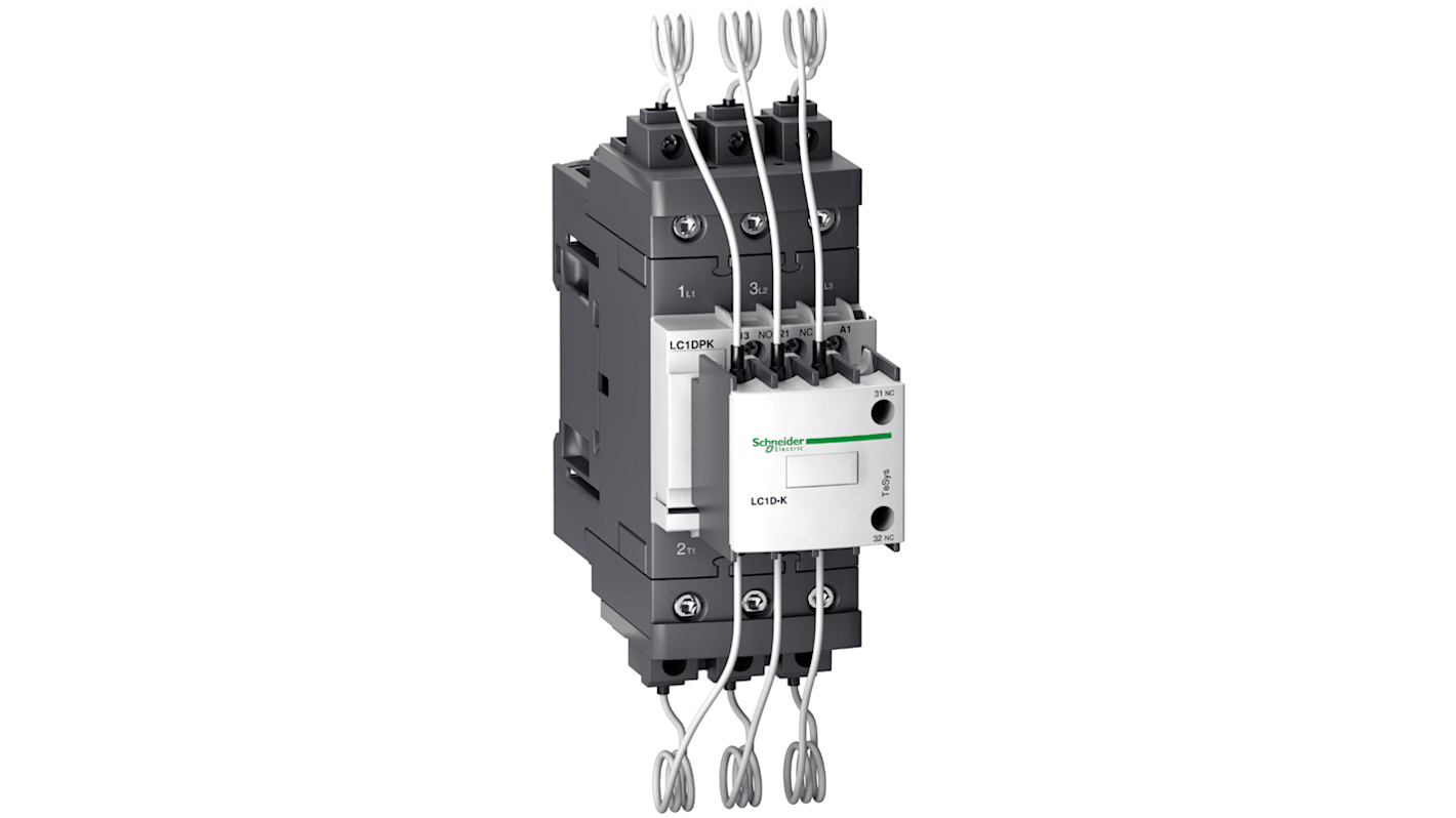 Contattore Schneider Electric LC1DPKU7, 3 poli, 1 NA + 1 NC, montaggio su guida DIN, bobina a basso consumo.
