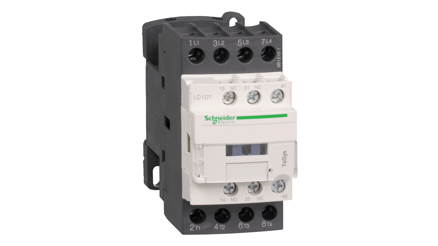 Contattore Schneider Electric LC1DT206BD, 4 poli, 20 A, 24 V, montaggio su guida DIN, bobina a basso consumo.