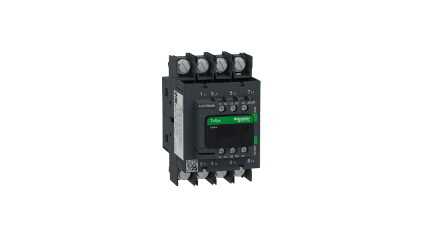 Contattore Schneider Electric LC1DT60A6KUE, 4 poli, 66 A, montaggio su guida DIN, bobina 100-250 V, resistenza al fuoco.