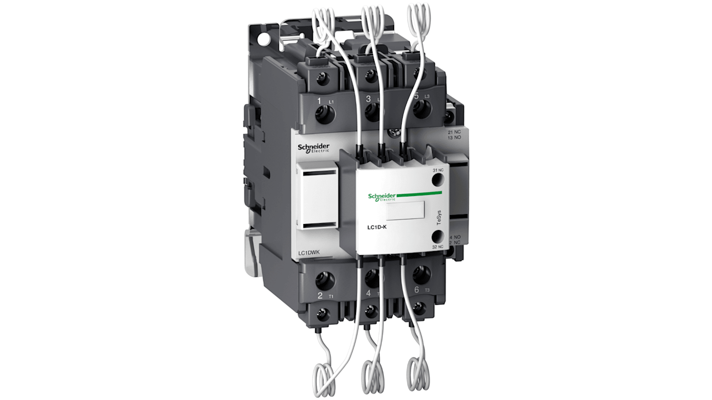 Contattore Schneider Electric LC1DWK12N7, 3 poli, 12 A, 26 V, montaggio su guida DIN, resistenza al fuoco e polvere.
