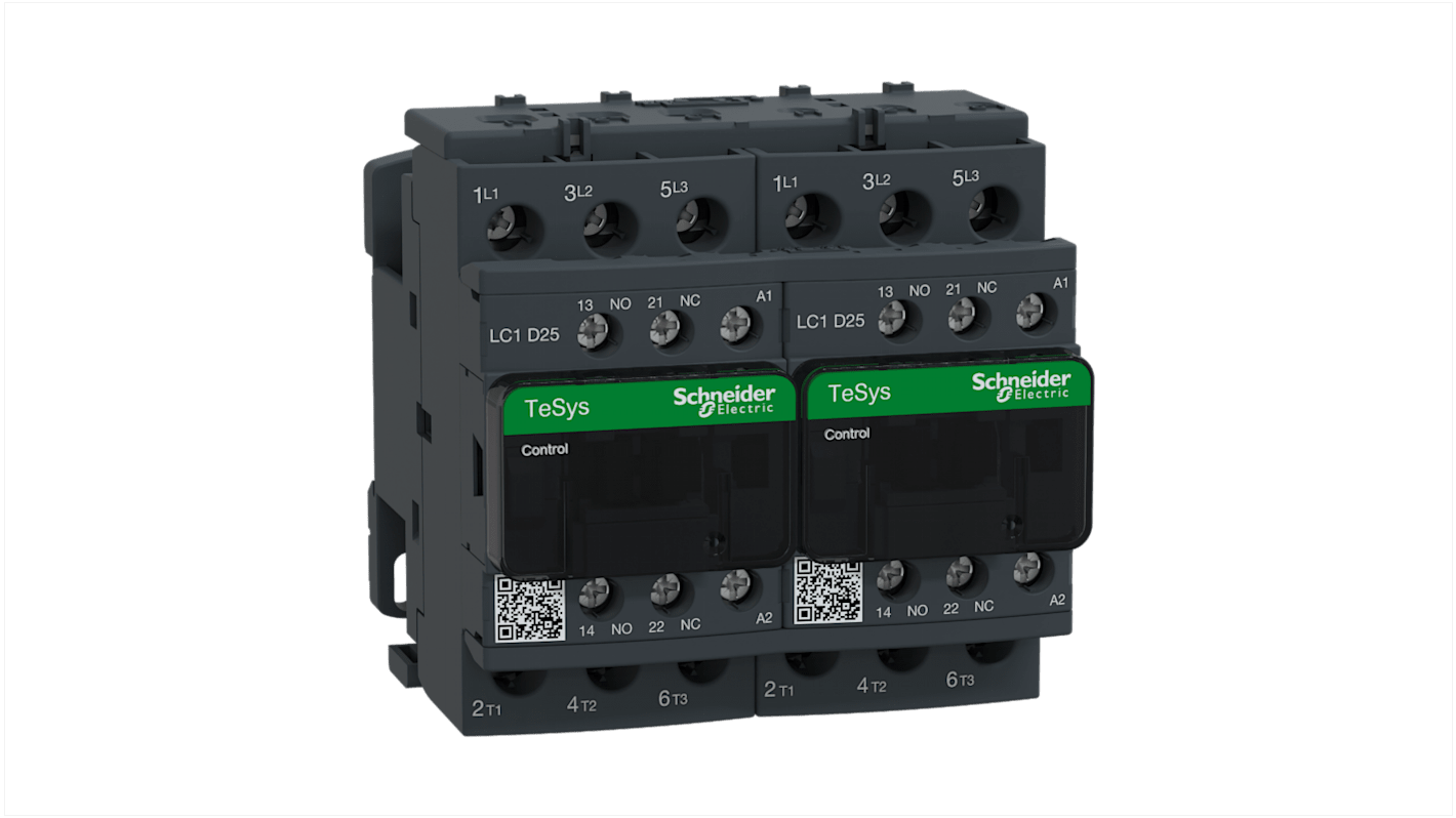 Contattore di inversione reversibile Schneider Electric LC2D25M7, 3 poli, 1 NA + 1 NC, 25 A per applicazioni HVAC.
