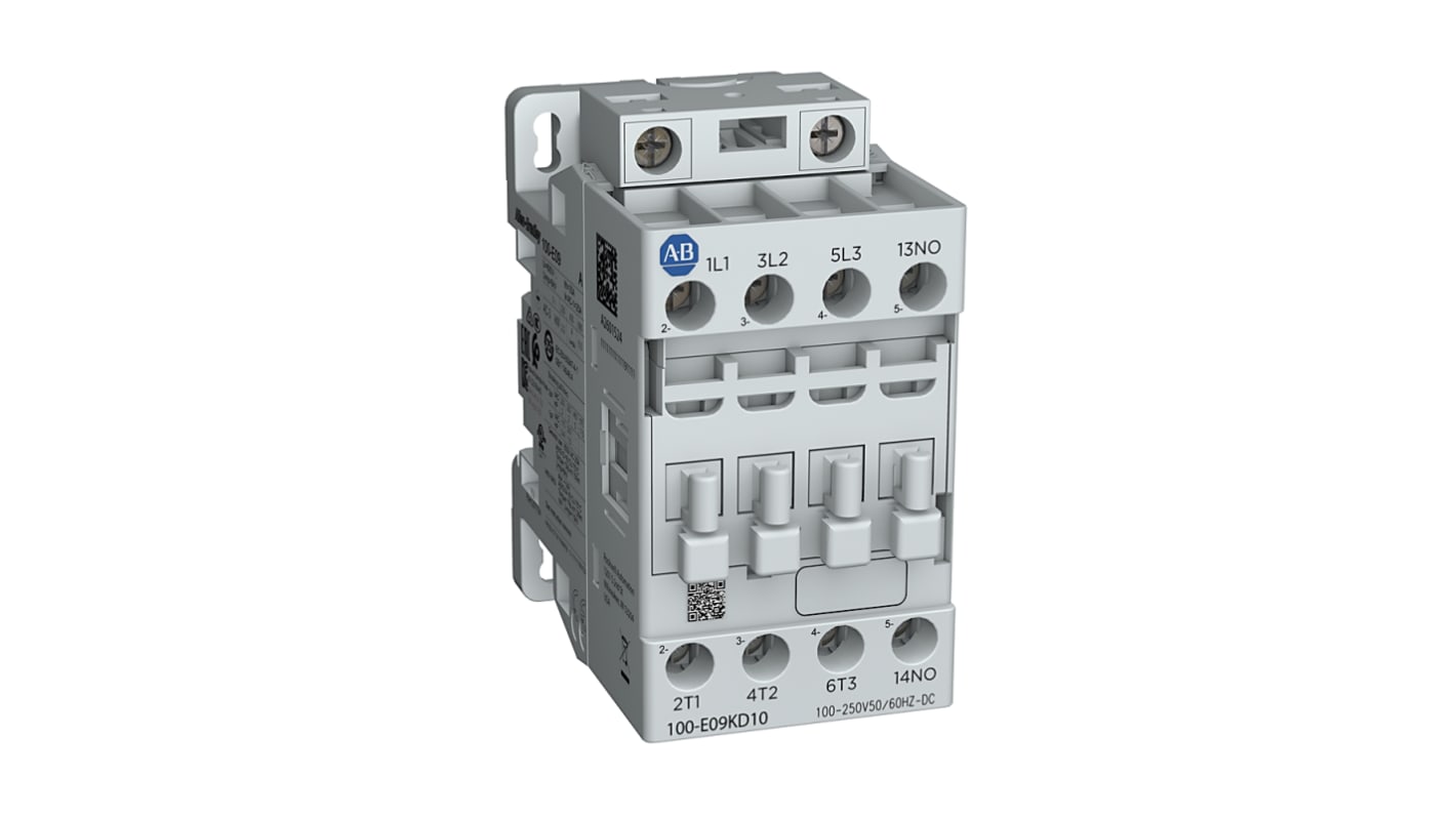 Contattore Rockwell Automation 100-E09KJ10, 3 poli, 1NC, 9 A, bobina 24-60 V c.a., con soppressione sovratensioni.