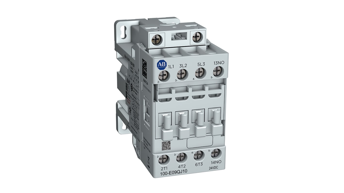 Contattore Rockwell Automation 100-E16QJ10, 3 poli, 1 NA, 16 A, bobina 24 V c.c., con soppressione sovratensioni.