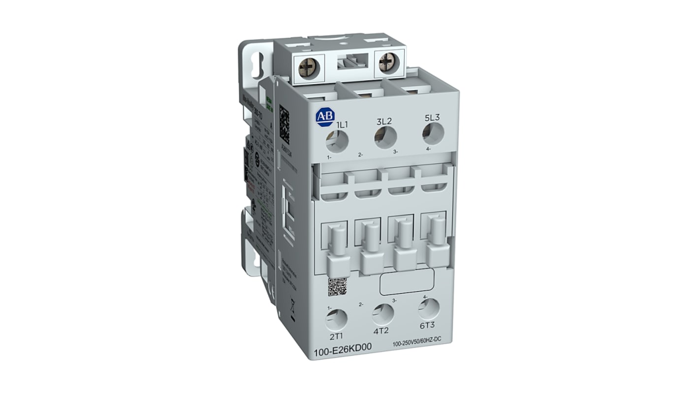 Contattore Rockwell Automation 100-E26KD00, 3 poli, 1NC, 26 A, bobina 100-250 V c.a., senza poli ausiliari.