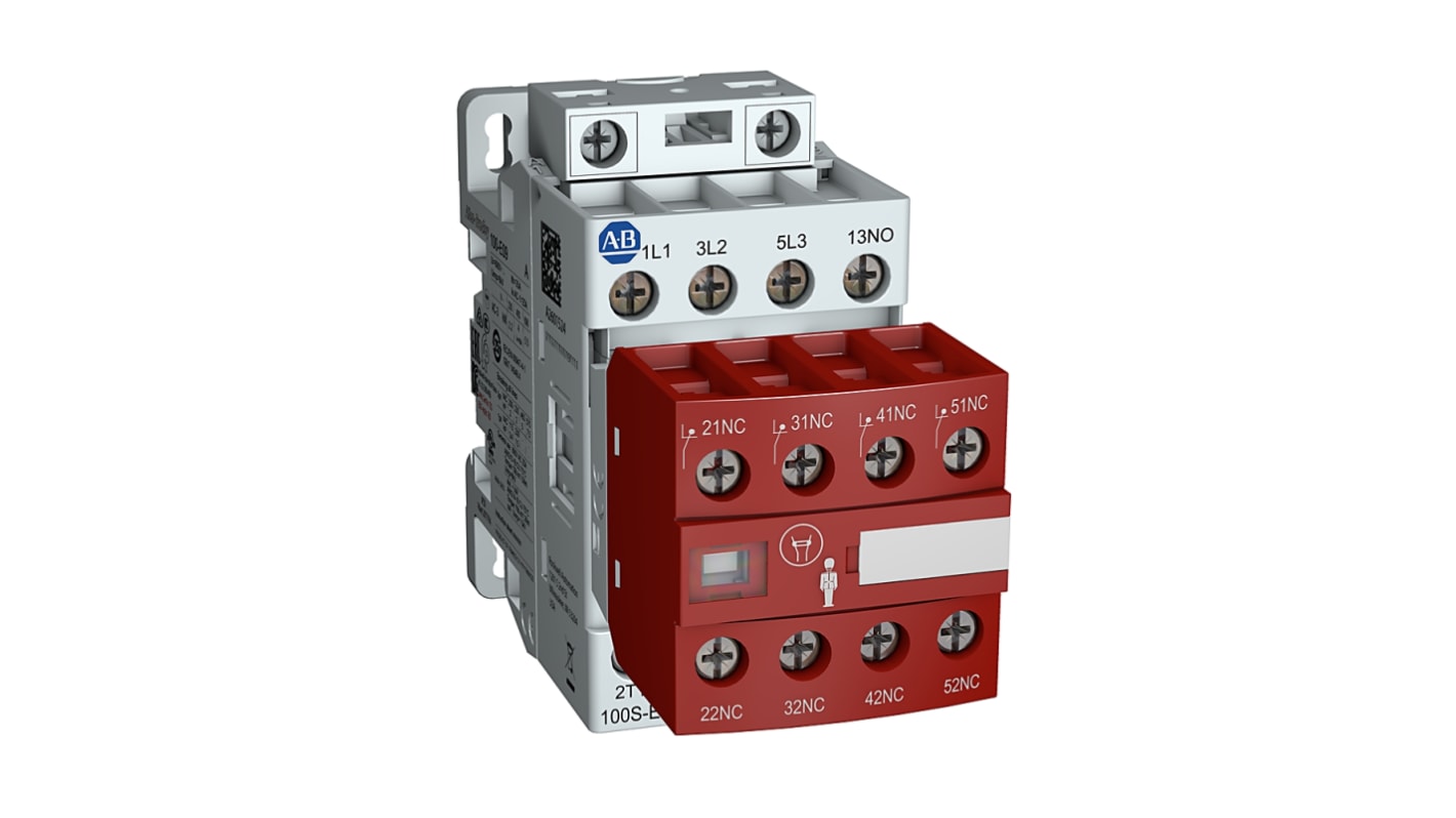 Contattore Safety Rockwell Automation 100S-E12EJ14C, 3 poli, 12 A, bobina 24 V, con contatti ausiliari a bassa potenza.