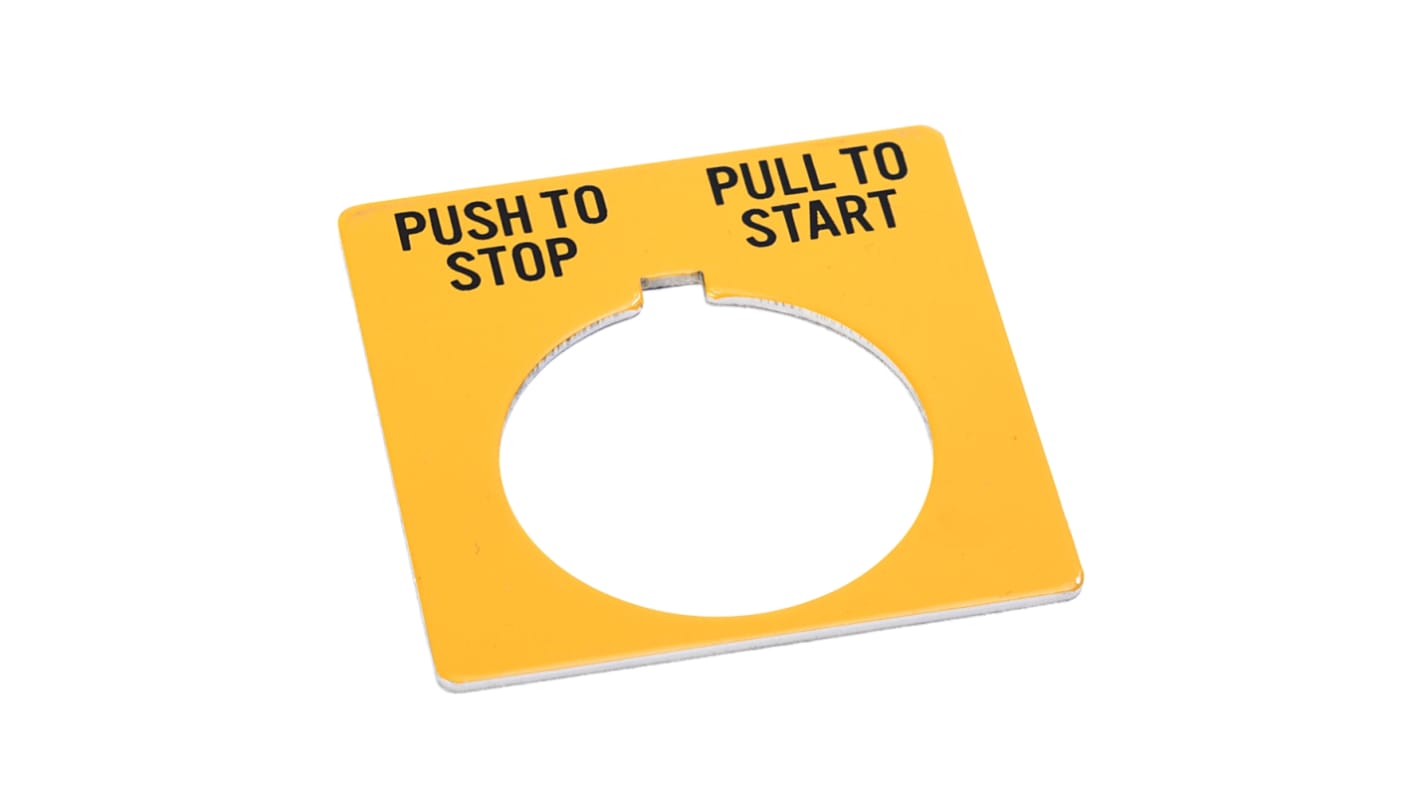 Piastra per legenda Rockwell Automation 800T-X618Y, gialla, per pulsanti 800T, diametro foro 30 mm, testo "push-to-stop" o "pull-to-start".