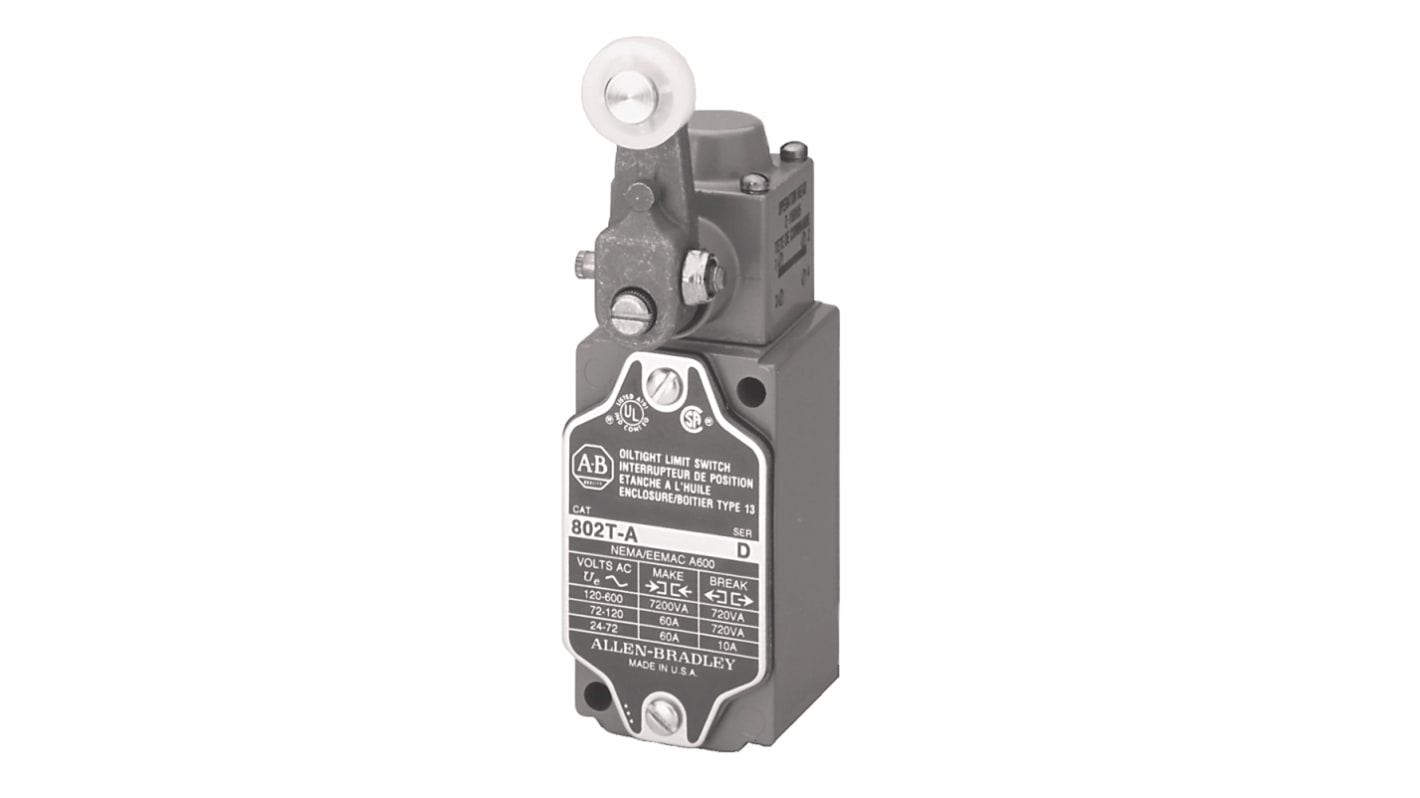 Interruttore di fine corsa rotativo Rockwell Automation 802T-AS7, attuatore a leva, 1NA/1NC, IP54, montaggio standard.