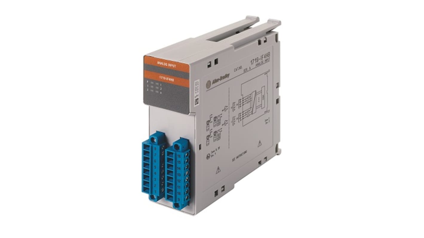 Modulo di ingresso analogico Rockwell Automation 1719-IF4HB, per trasmettitori a 2 fili, alimentazione 15 V, ingressi isolati galvanicamente.