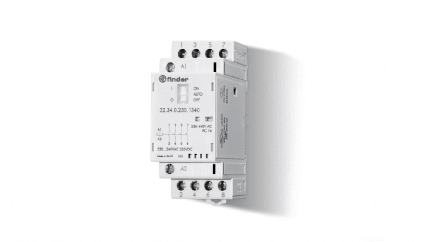 Finder 223400244340, relè contattore modulare con 4 contatti NO, corrente 25 A, montaggio su guida DIN.