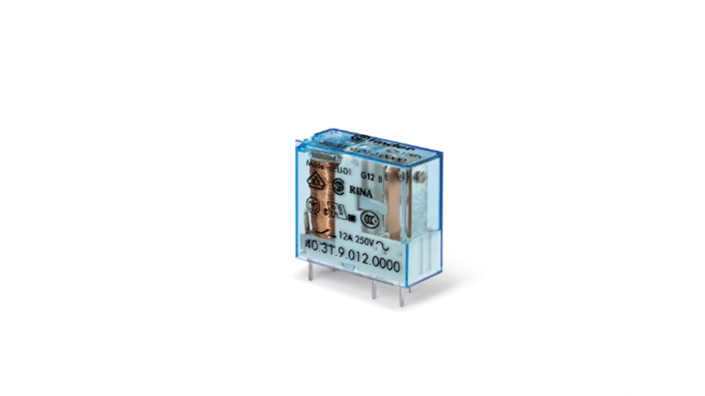 Relè di potenza Finder 403190240000 SPDT, bobina 24V cc per circuito stampato. Contatti senza cadmio, conforme EN 60335-1. Montaggio su guida da 35 mm. Ideale per applicazioni fino a 10 A.