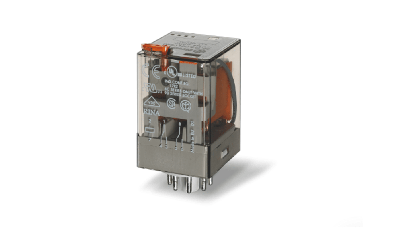 Finder 601290240074, relè a innesto 24V cc, 2 poli, corrente 10A, contatti senza cadmio, con pulsante di prova bloccabile.